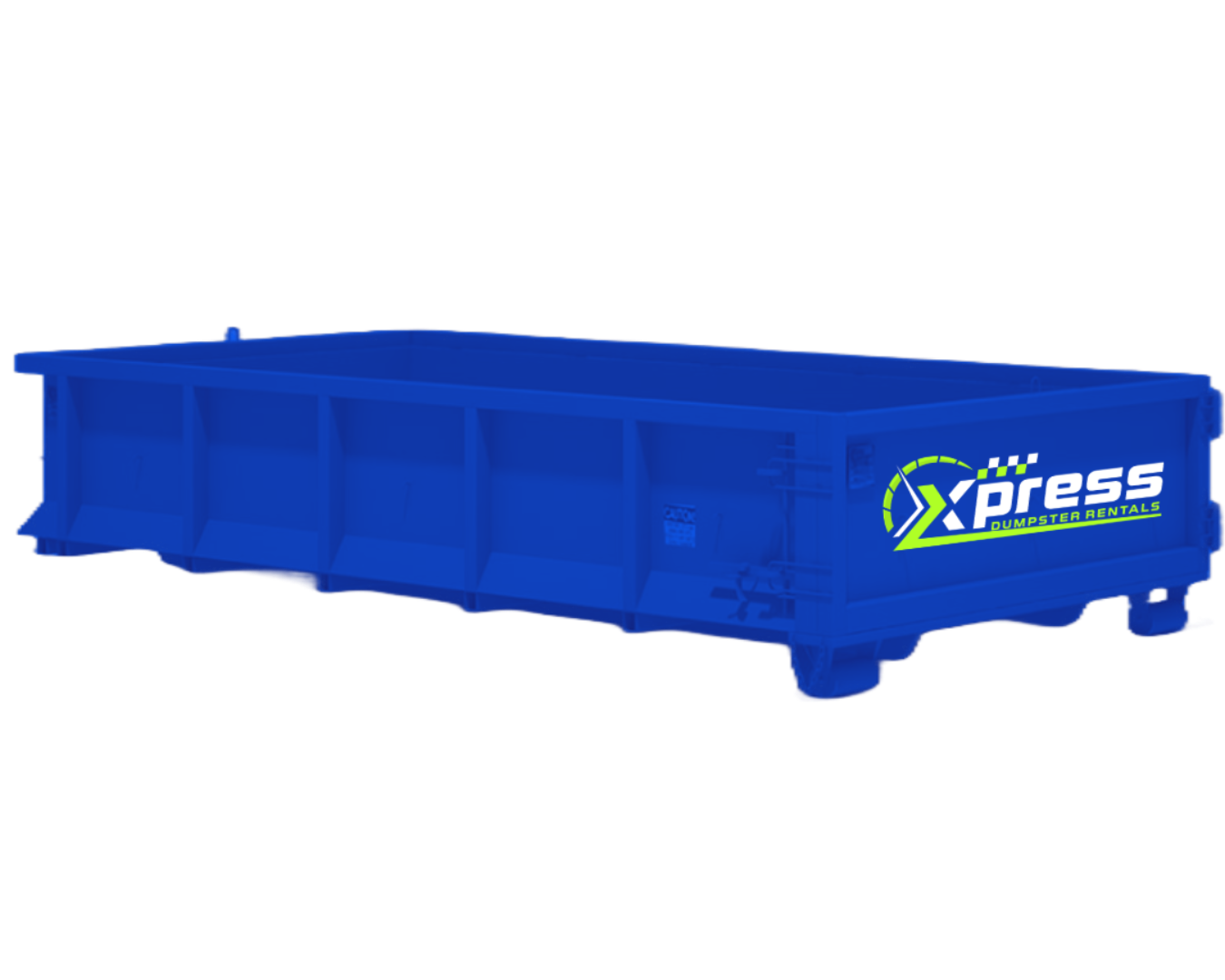 Blue 10-yard Xpress roll-off dumpster rental with rear walk-in door in Northern Virginia
