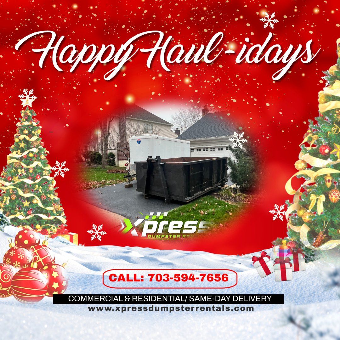 a picture of a dumpster with a christmas tree in the background