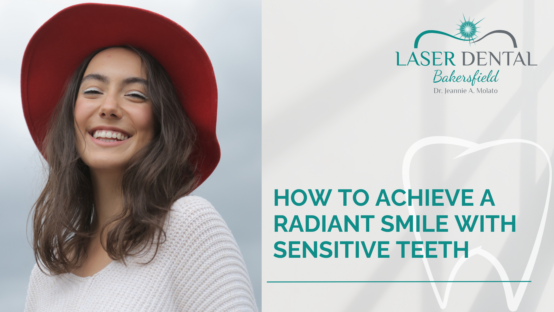 Woman in red hat smiling, ad for Laser Dental,