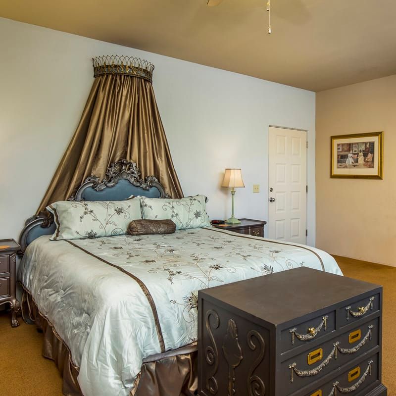 A bedroom with a large bed and a canopy over it