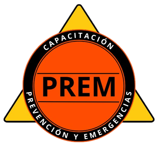 Logotipo de PREM, formación en prevención y emergencias. Círculo y triángulo naranjas, texto y bordes negros.