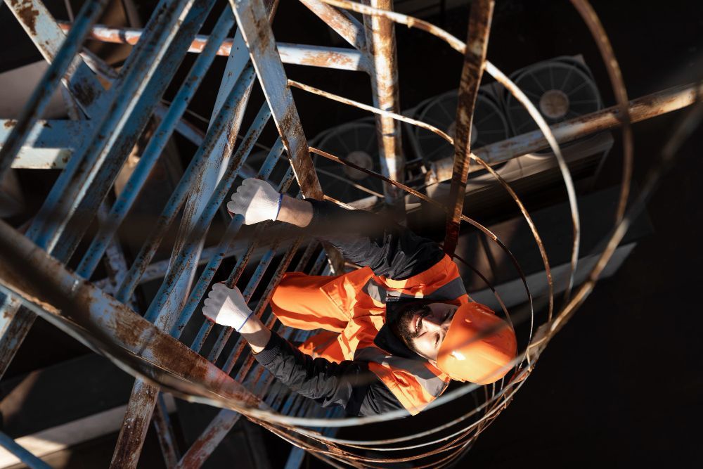 Persona con chaleco de seguridad naranja subiendo una escalera metálica oxidada y en espiral.
