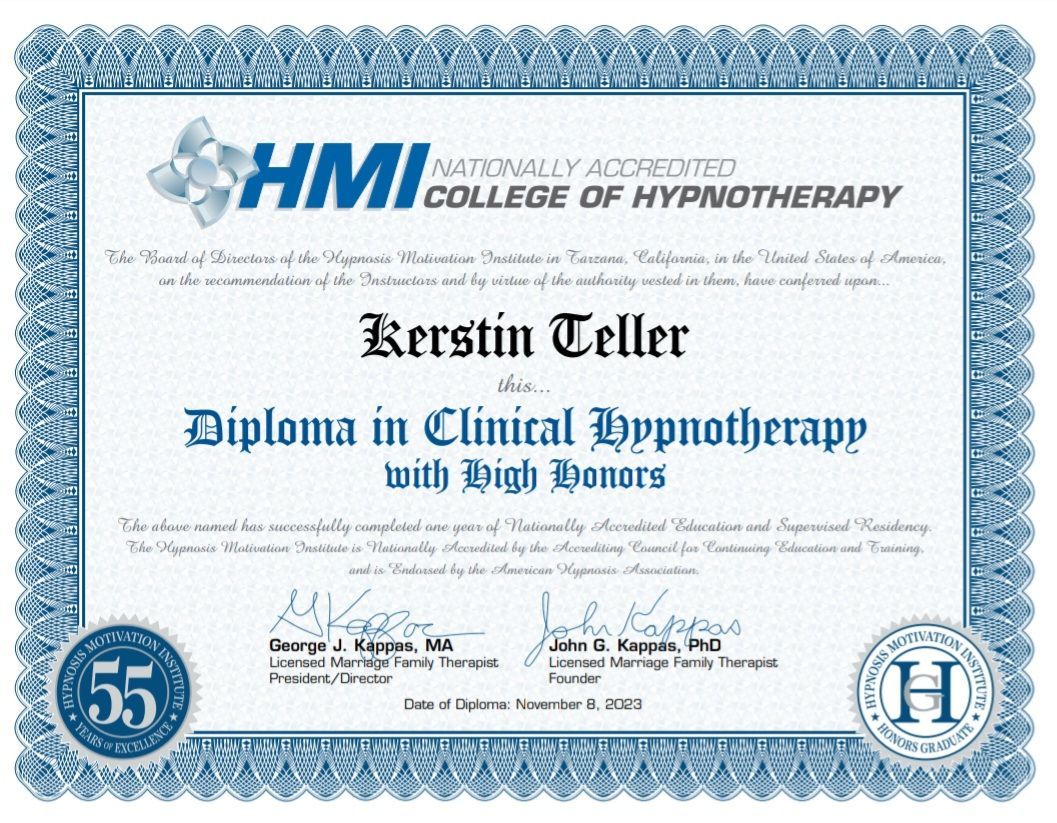 A certificate from the hmi college of hypnotherapy