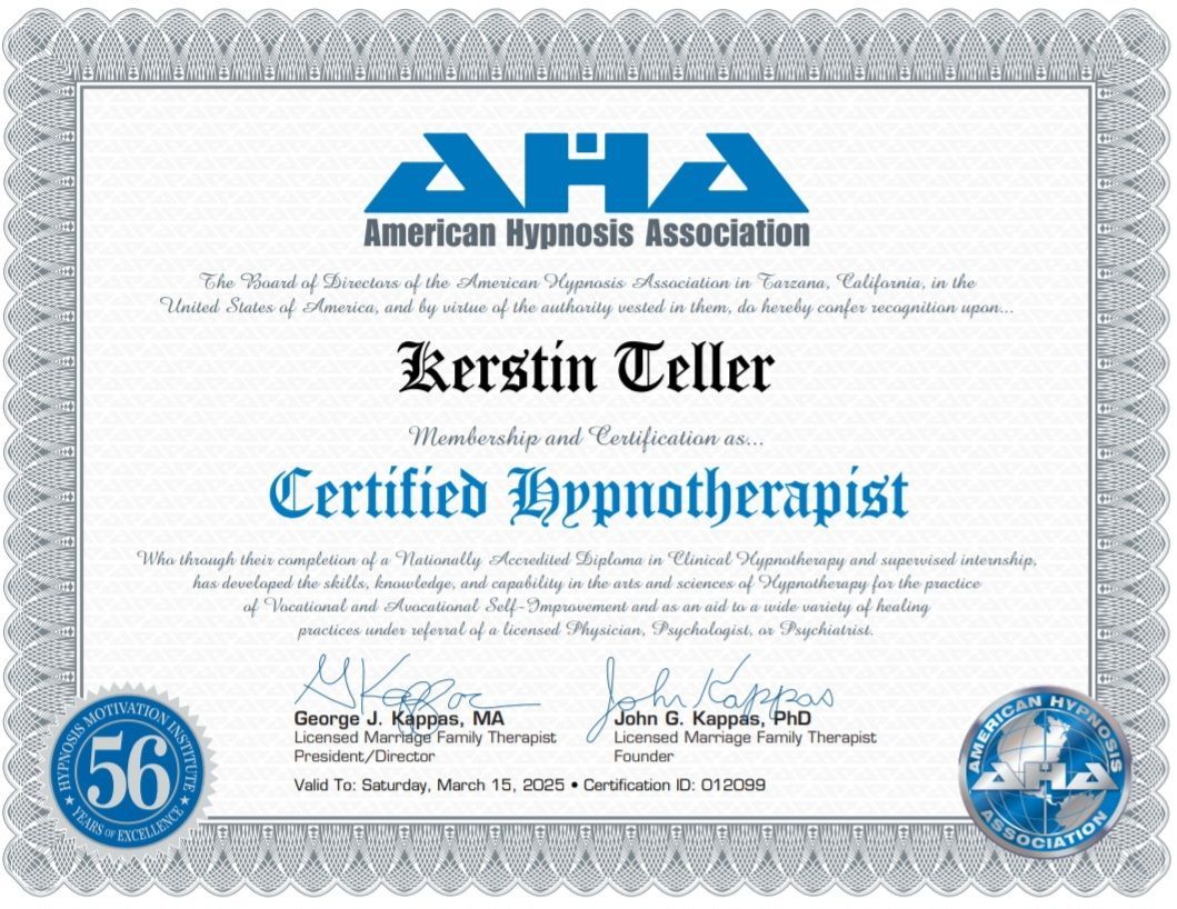 A certificate for a certified hypnotherapist from the american hypnosis association