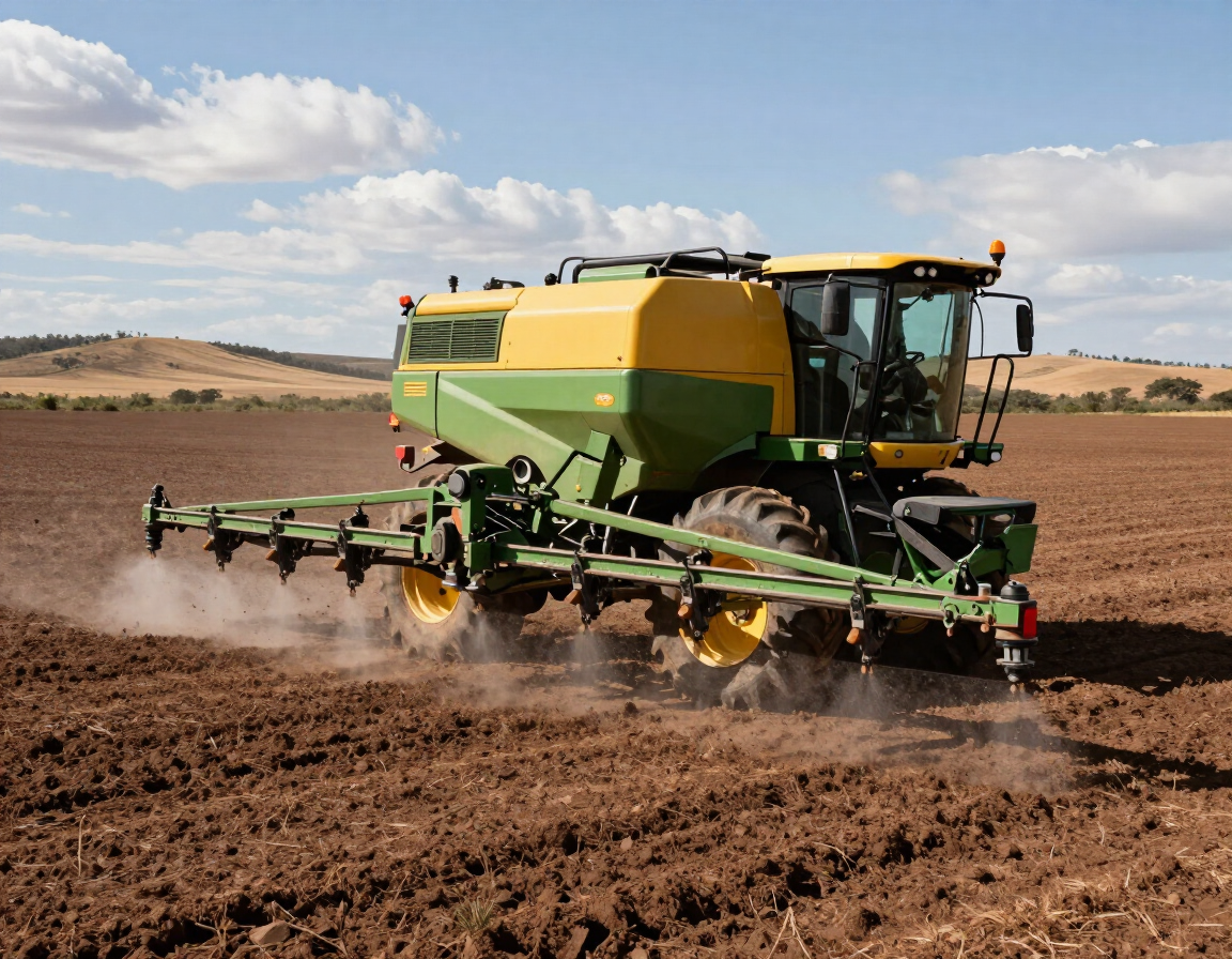 Tractor verde y amarillo plantando cultivos en un campo polvoriento bajo un cielo nublado.