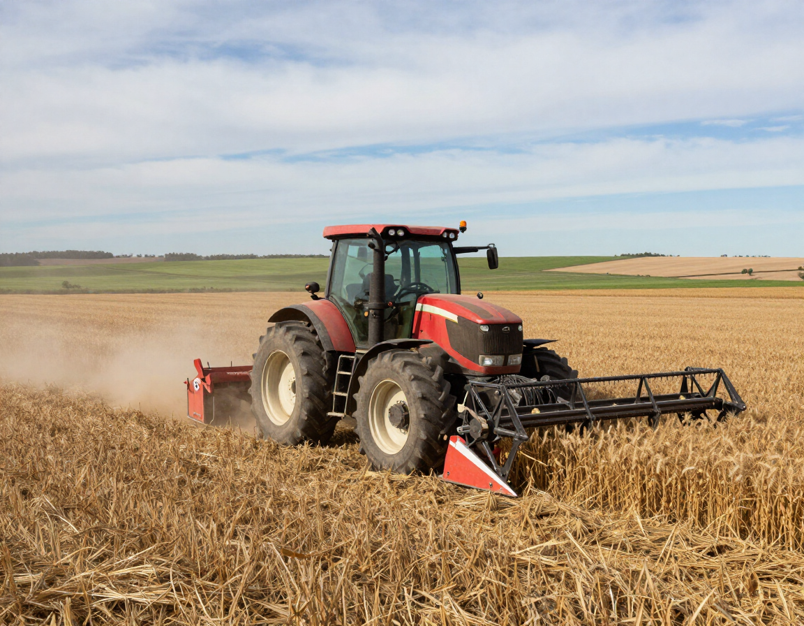 Un tractor rojo cosechando maíz en un campo, levantando polvo bajo un cielo parcialmente nublado.