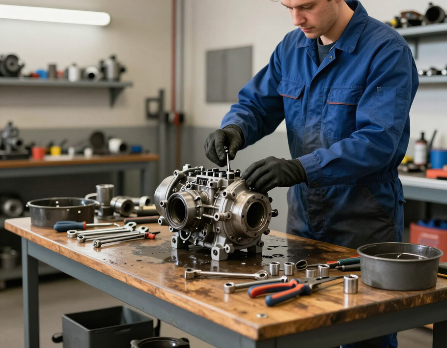 Mecánico con mono azul reparando un motor en un banco de trabajo en un taller.