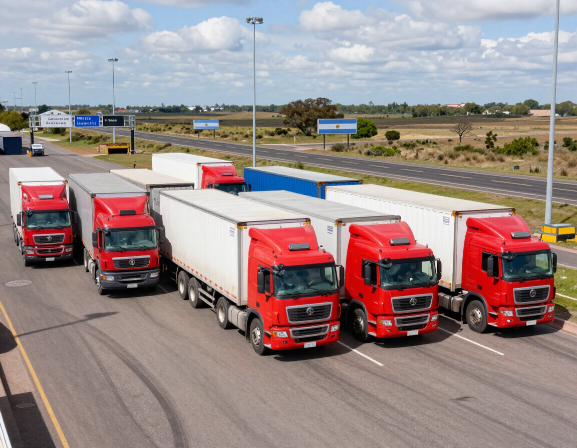 Cinco camiones semirremolques rojos en una autopista, incluyendo dos remolques de caja cerrada y tres camiones con cabina.