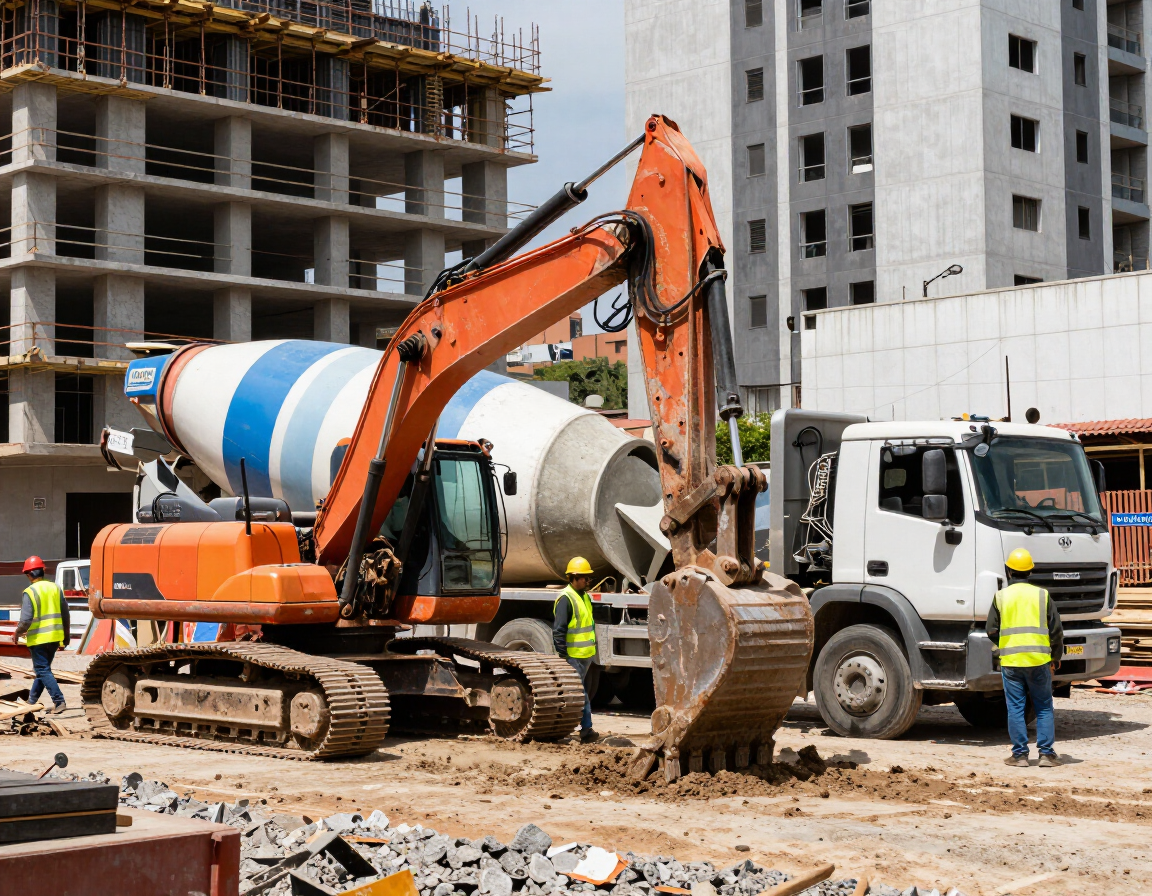 Obra en construcción con una excavadora cargando tierra en un camión volquete junto a un camión hormigonera y trabajadores con chalecos de seguridad.