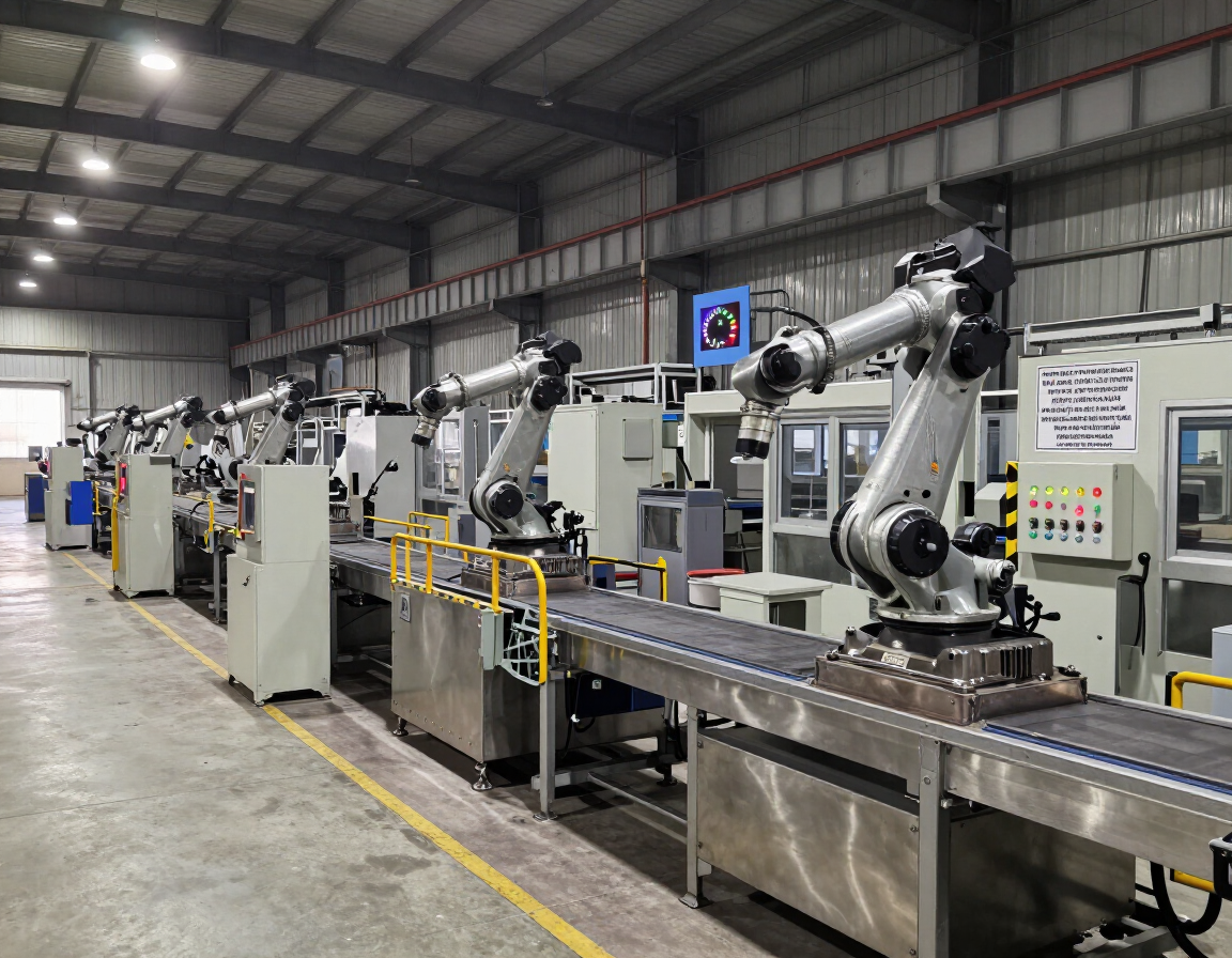 Línea de producción automatizada con brazos robóticos y cintas transportadoras dentro de un gran almacén industrial.