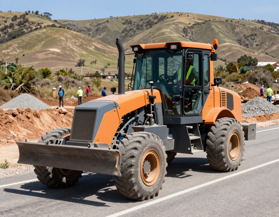 Cargadora frontal naranja en una carretera de montaña con trabajadores y montones de tierra cerca.