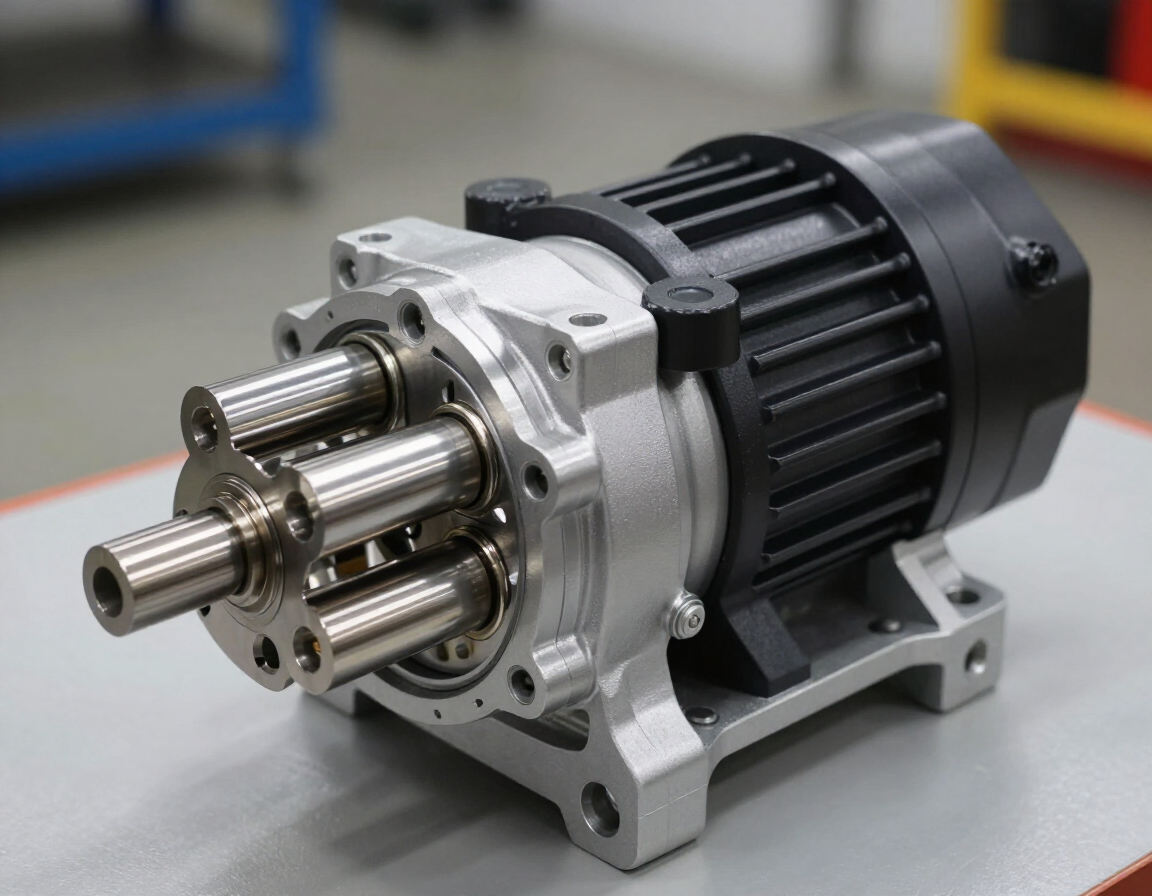 Motor de bomba industrial de metal sobre un banco de trabajo, con carcasa negra y conjunto frontal plateado.