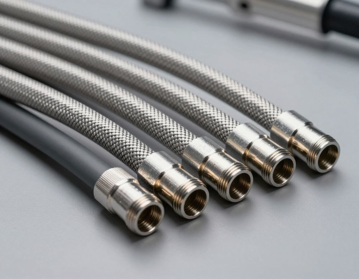 Mangueras trenzadas de acero inoxidable con conexiones metálicas dispuestas sobre una superficie gris.