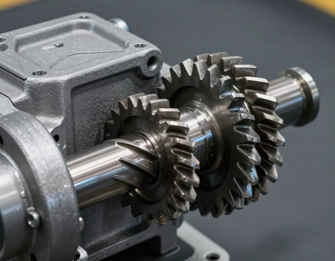 Primer plano de engranajes metálicos brillantes y un eje en una máquina industrial gris.