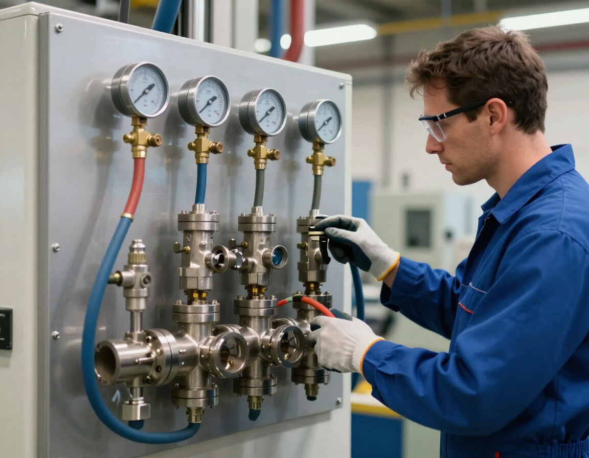Técnico con uniforme azul ajustando manómetros y válvulas industriales en un panel de control metálico.