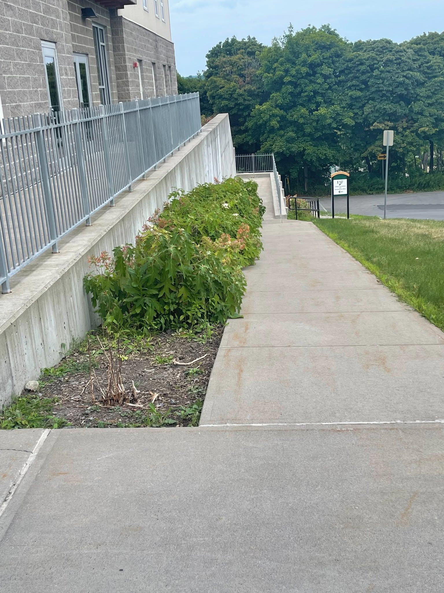 Sidewalk beside a stone building and fence, with bushes and trees on a cloudy day.