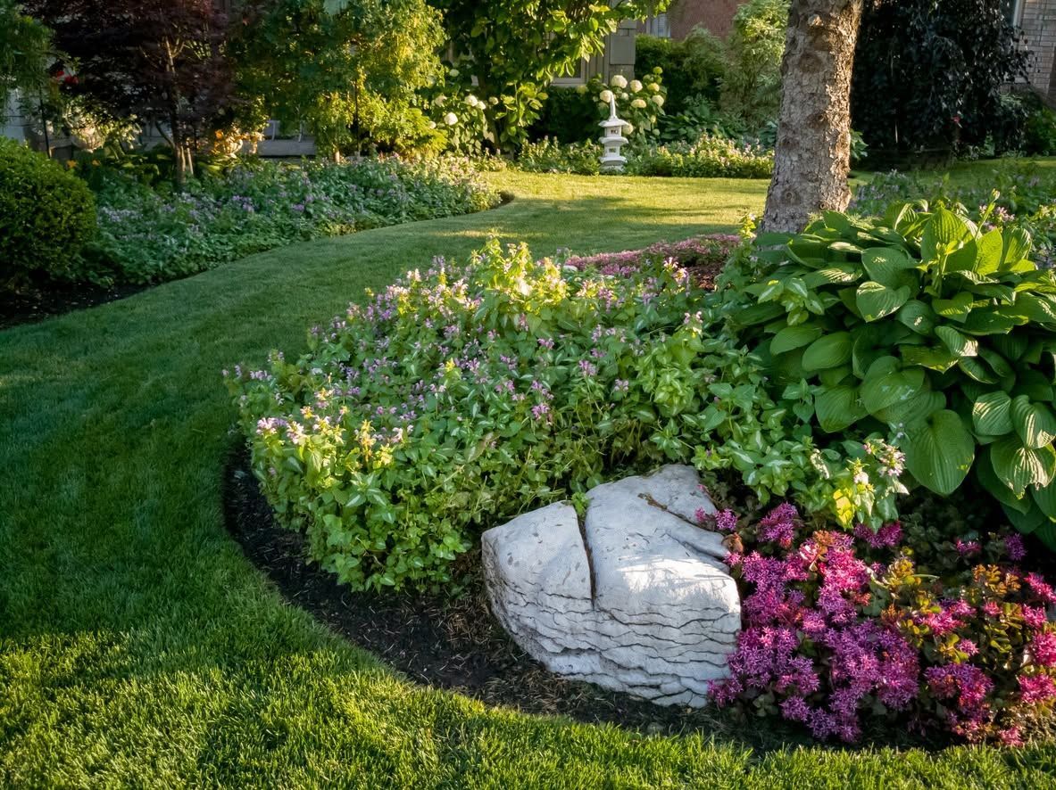 Curved garden bed with white rocks, pink flowers, and lush green shrubs in a sunny landscape