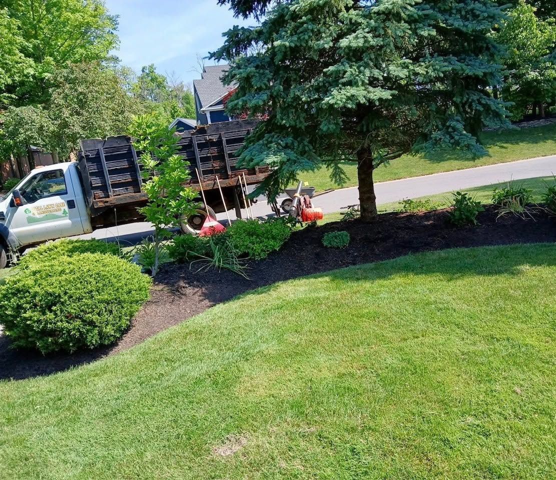 Moving truck with furniture by a suburban yard with green lawn and trees