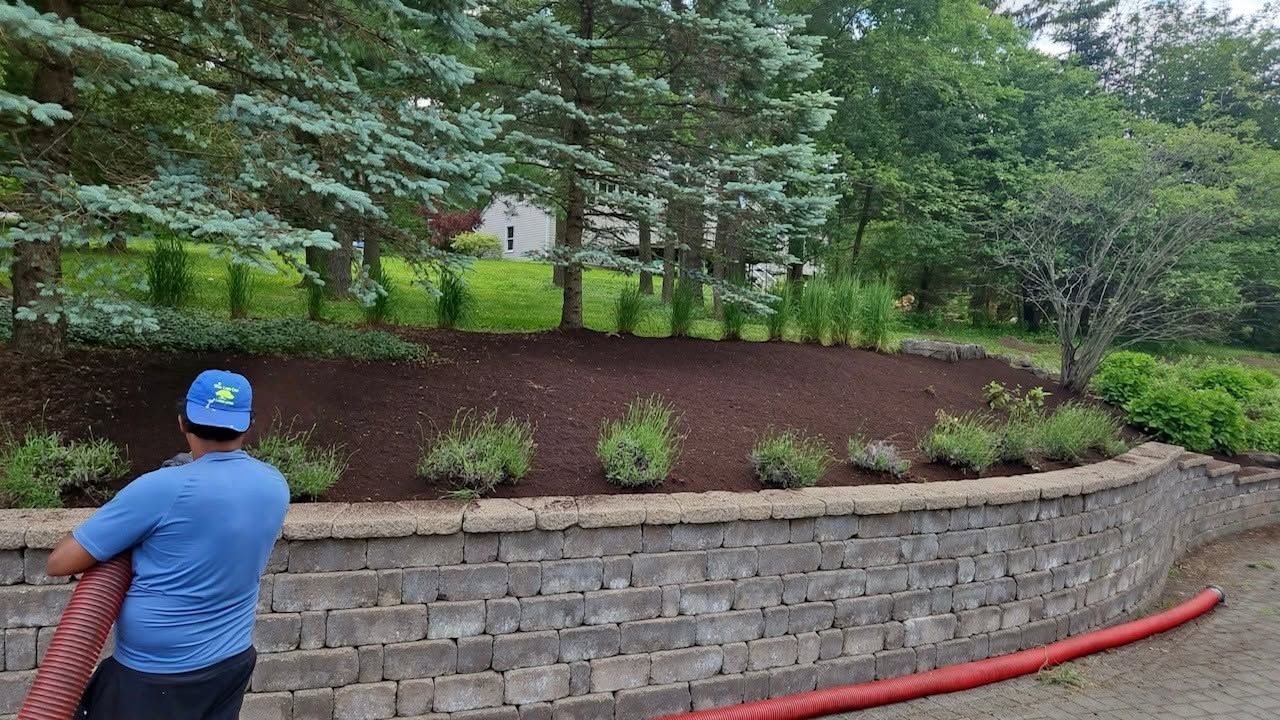 Person in blue cap waters shrubs on a landscaped stone terrace with trees and a red hose.