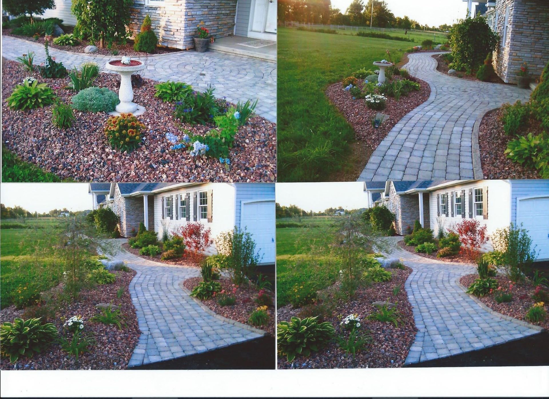 Four views of a curving brick walkway beside a house and landscaped garden.