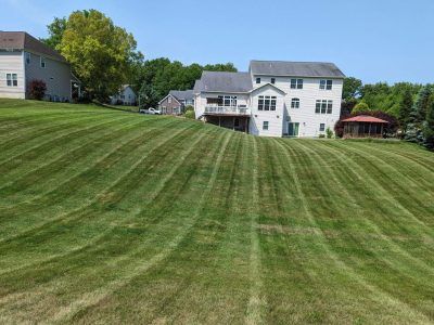 Lawn on a hill with striped mowing pattern, a two-story house, and trees under a blue sky.