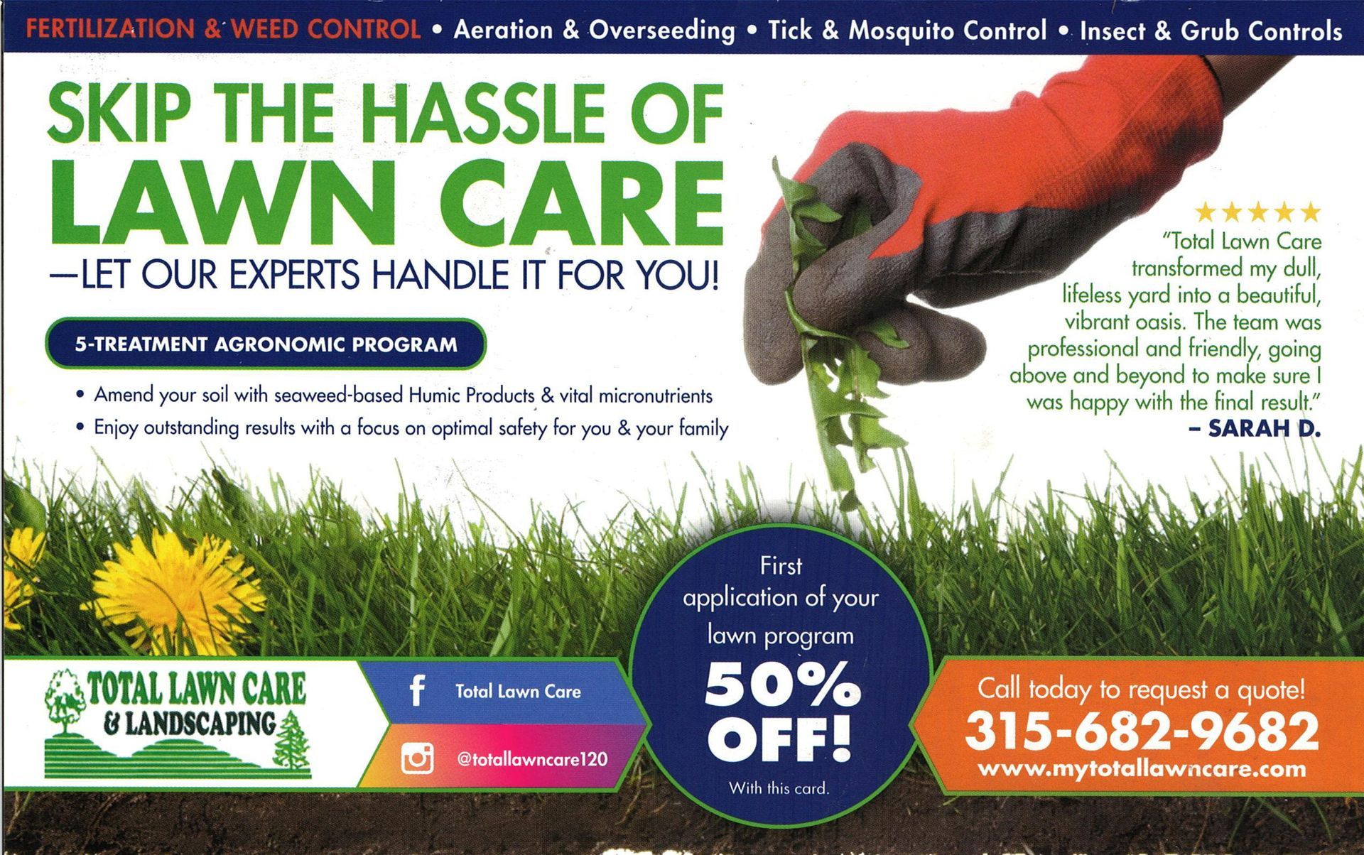 Advertisement for lawn care: green grass, orange mower, “Skip the hassle of lawn care” and contact info.
