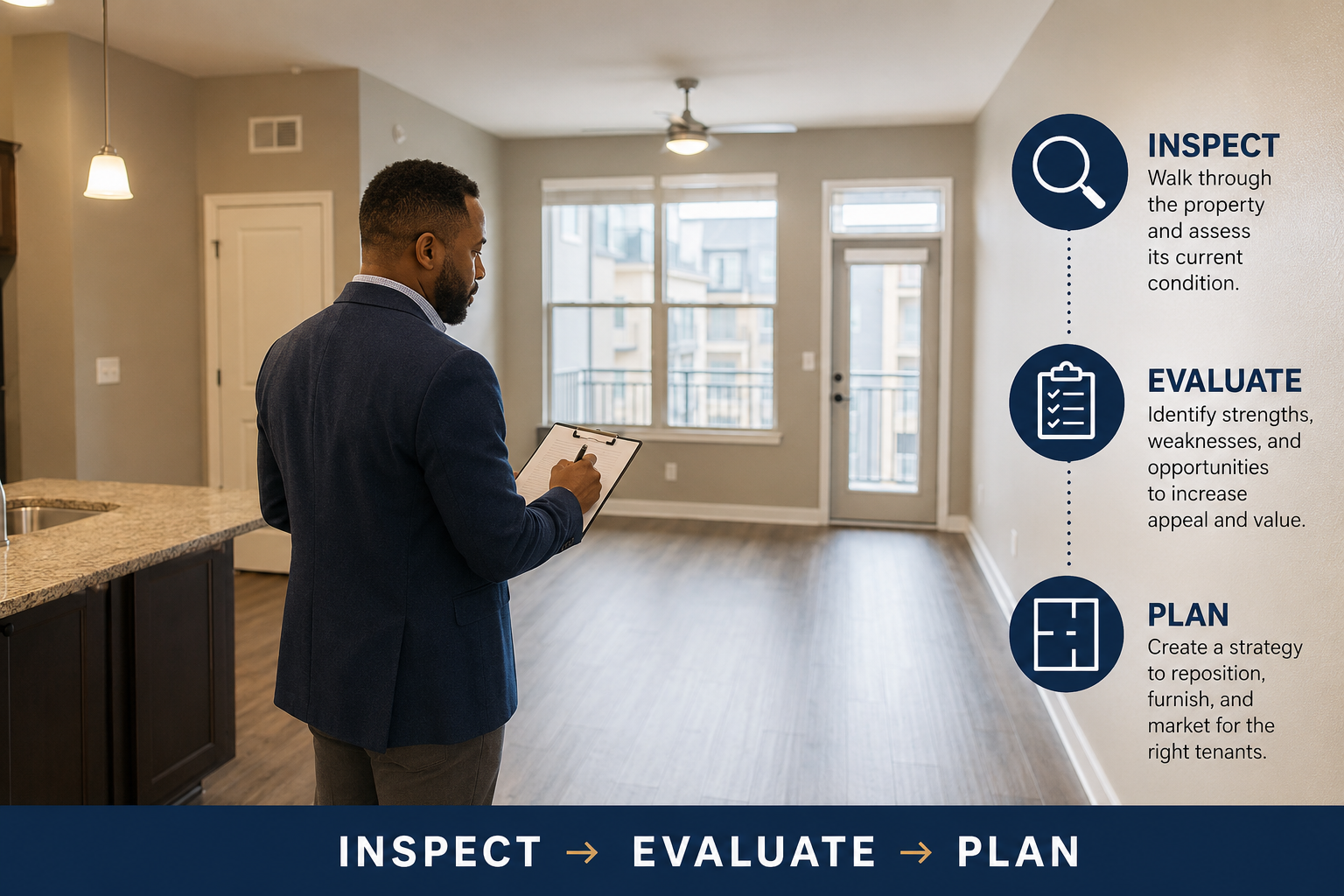 Furnished housing consultant evaluating a condo for rental repositioning