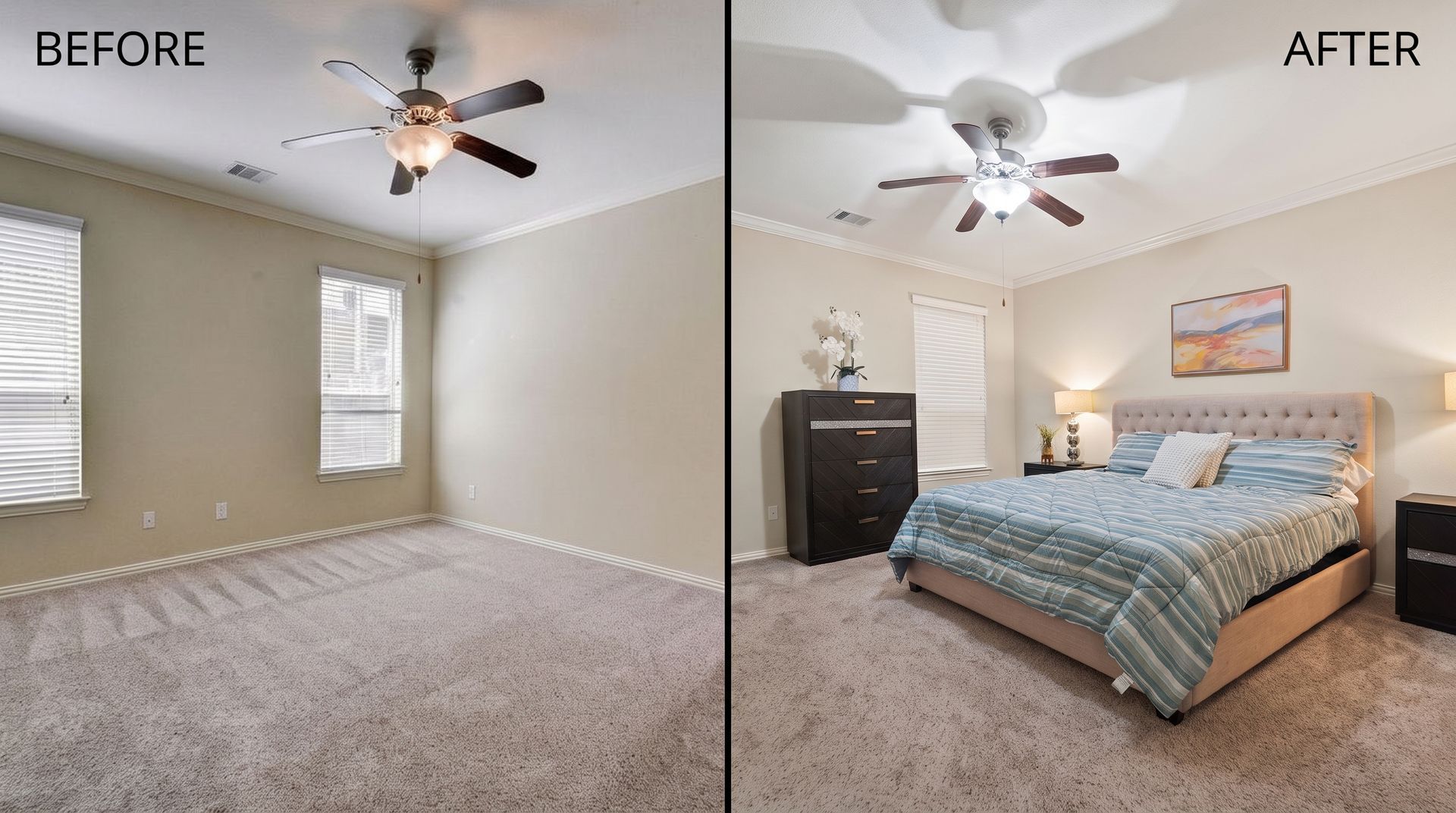 Before-and-after transformation of an empty apartment into a furnished, move-in-ready home