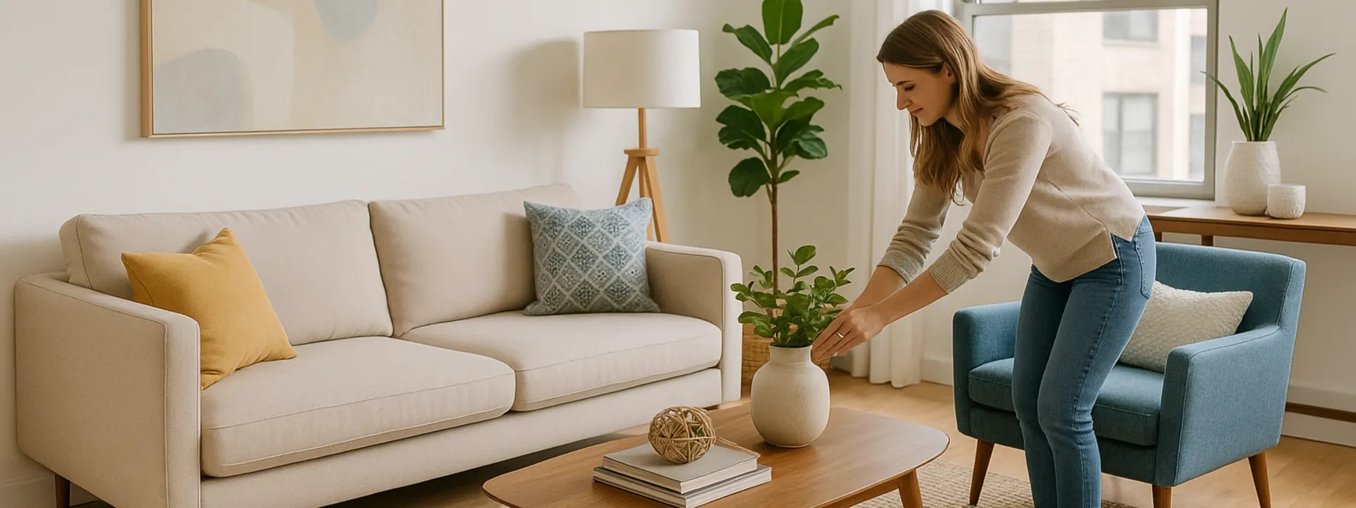 Woman arranging flowers on a coffee table in a living room with a couch, armchair, and lamp.