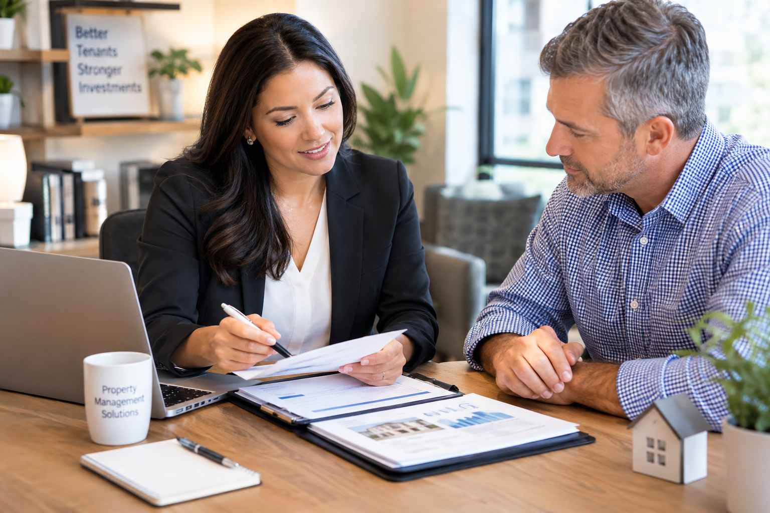 Property manager discussing rental property management with an owner