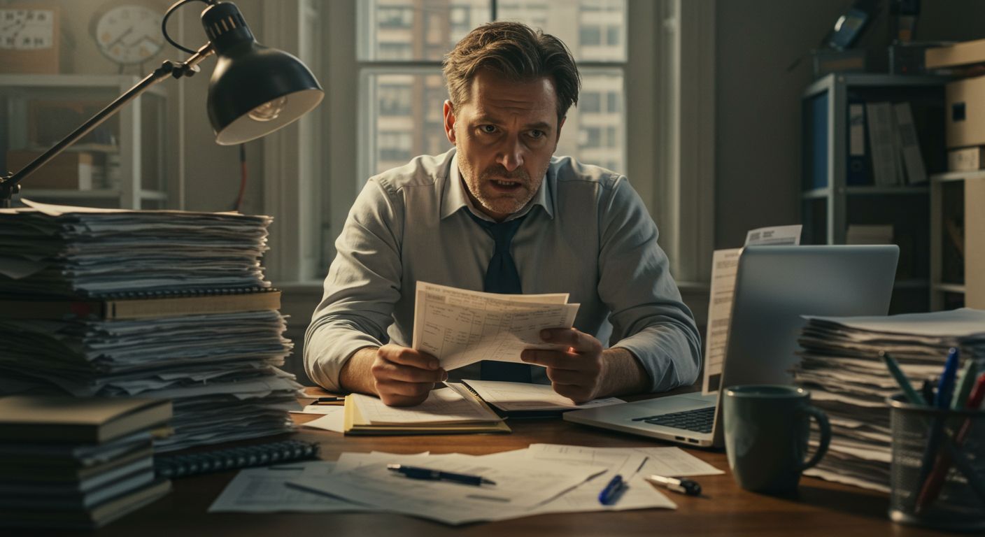 Man in a messy office, looking at a document. Papers and laptop on desk.