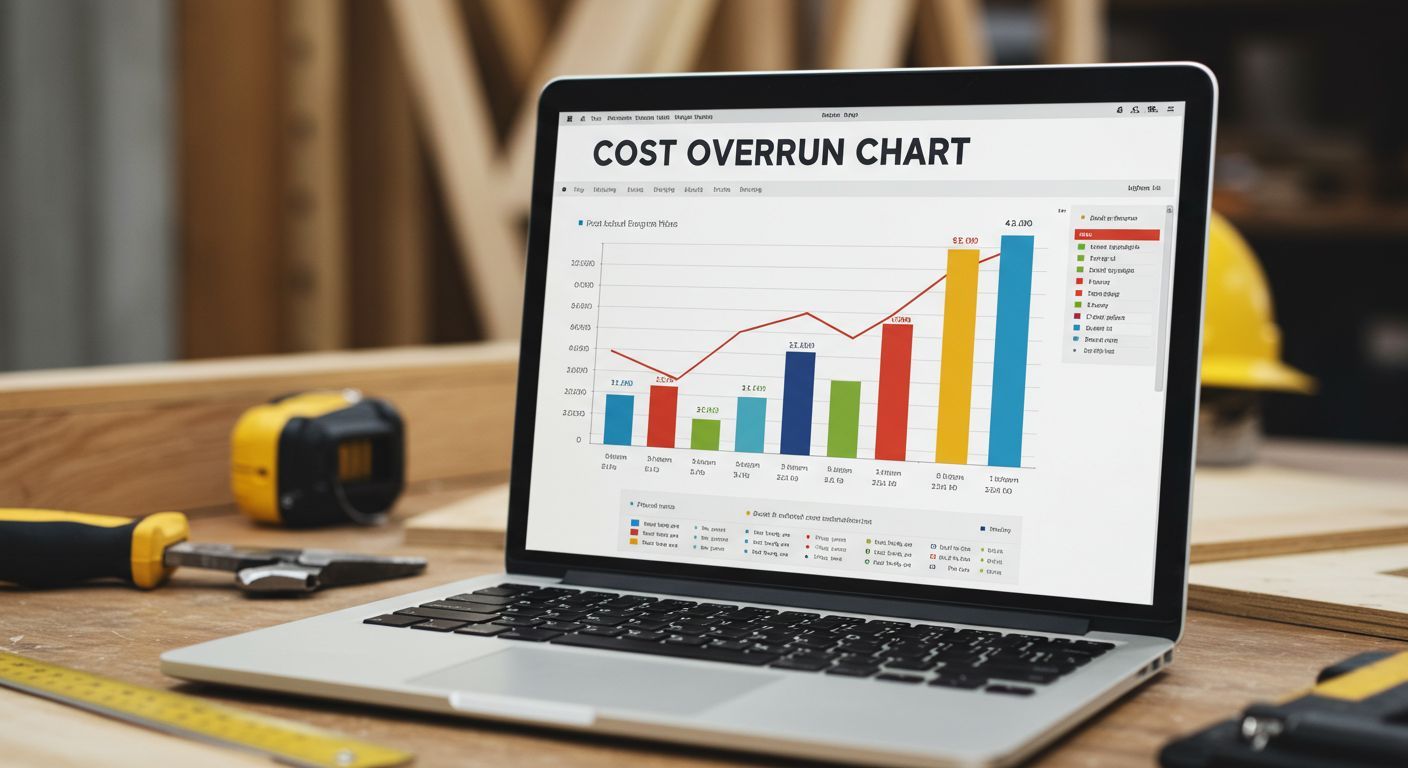 Laptop displaying a cost overrun chart on a workbench with tools.