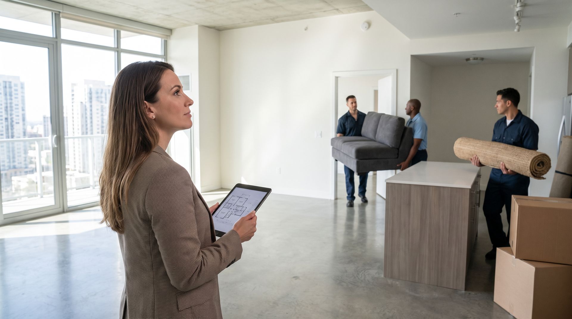 Professional assessing an empty apartment before furniture installation and staging