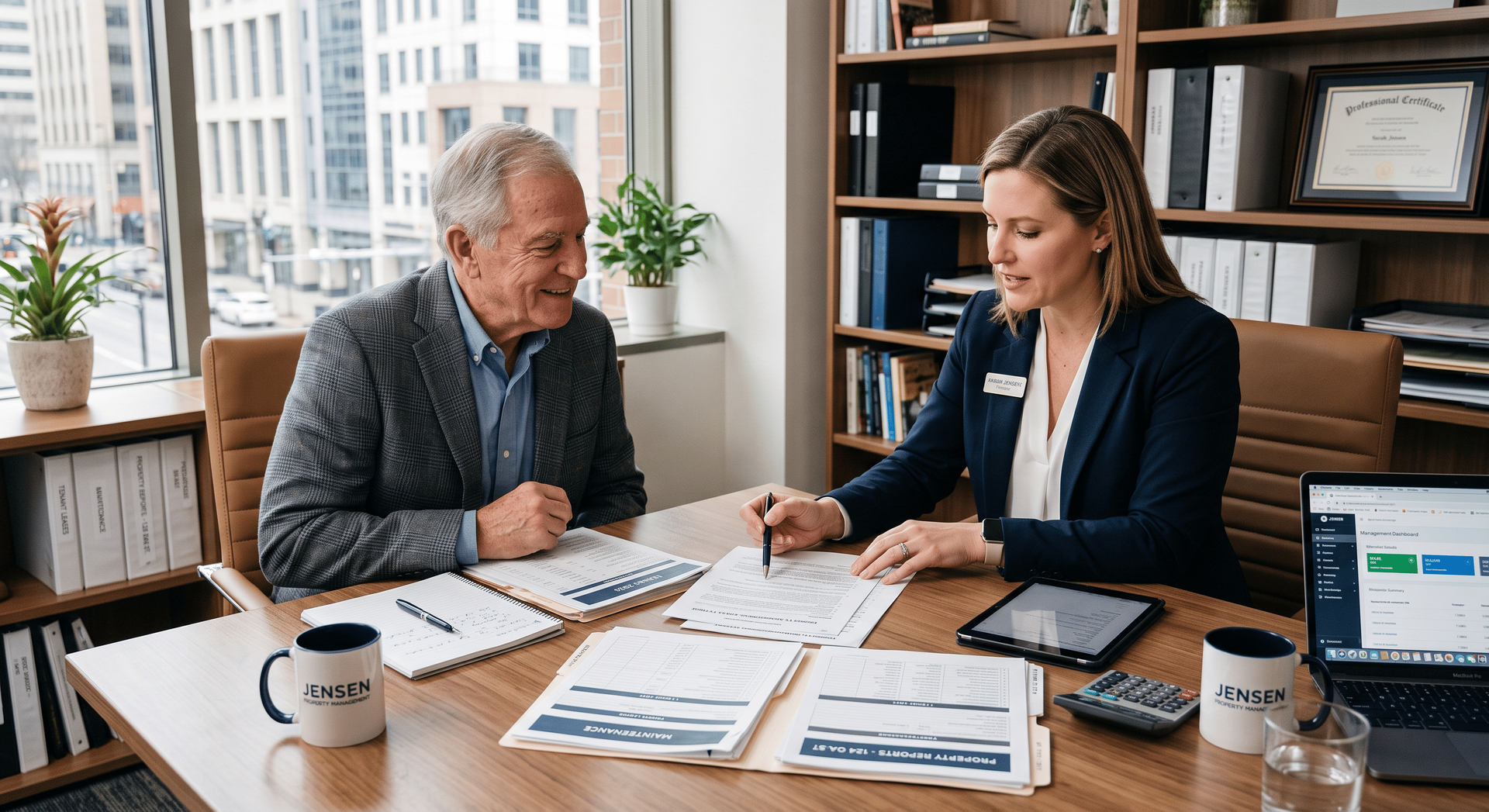 Property manager discussing rental property management with an owner.