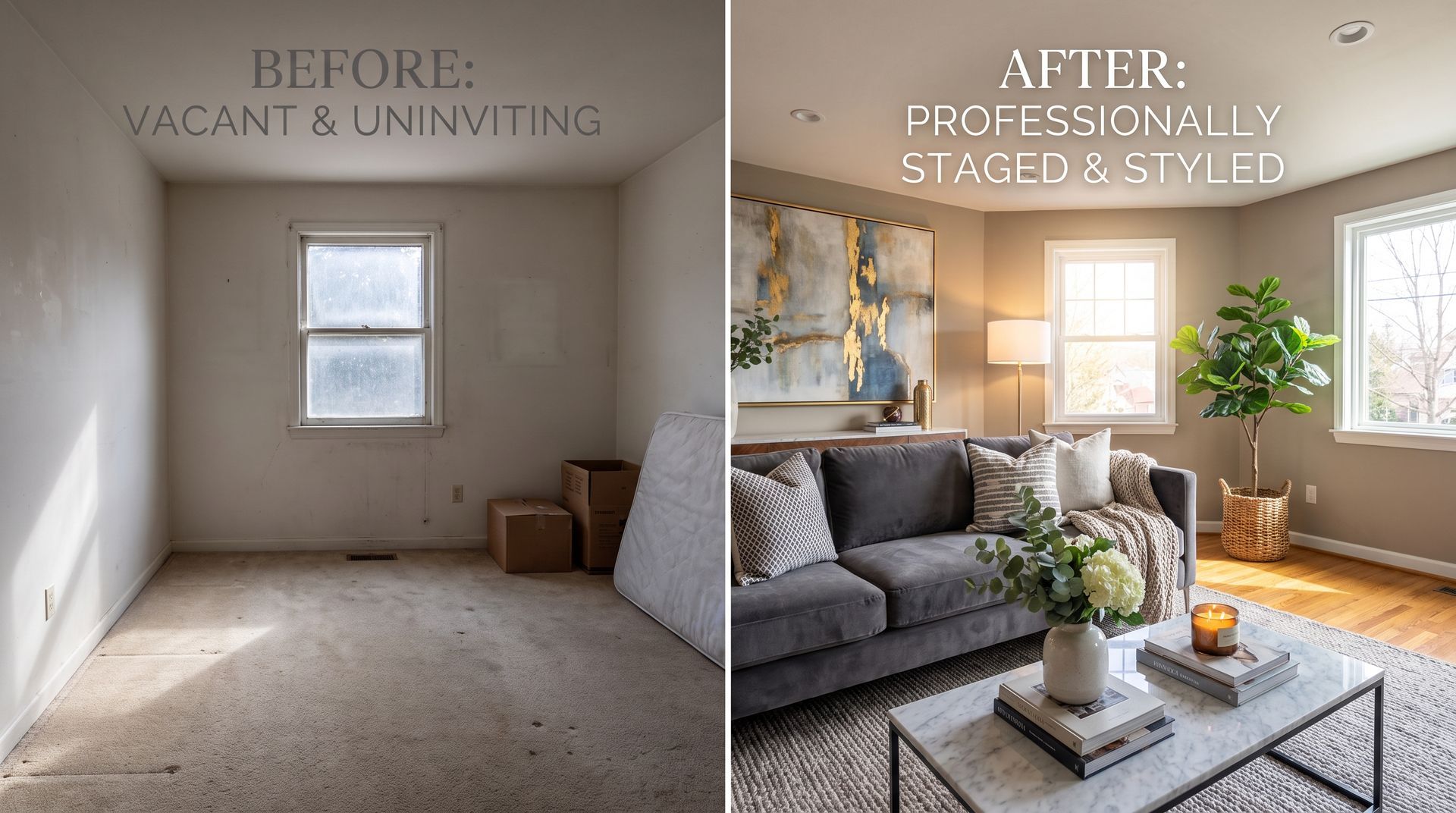 Split image comparing a furnished living room on one side and an empty, unfurnished living room 