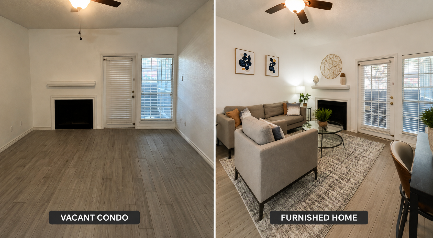 Irving furnished condo living room repositioned from vacant rental to move-in-ready home