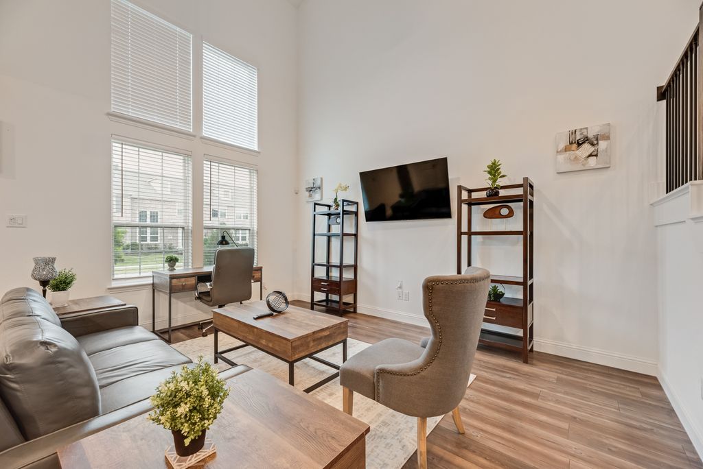 After - Modern staged living room for a corporate furnished rental in Frisco, Texas