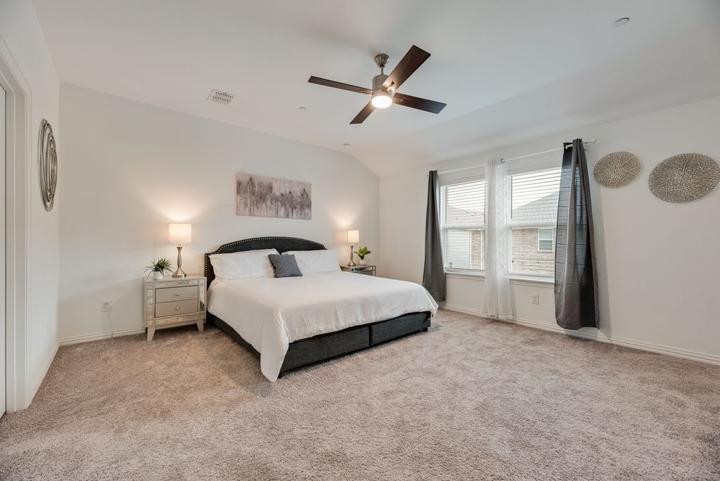 After - Modern staged Bedroom for a corporate furnished rental in Frisco, Texas