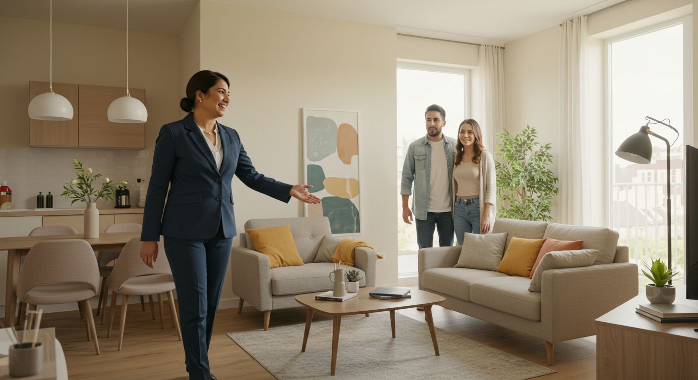 Real estate agent shows a couple a living room with couches, artwork, and windows.