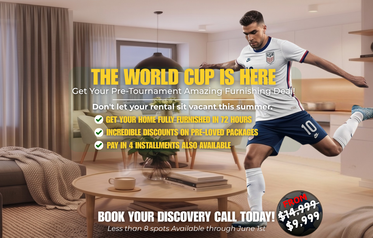 Furnishing deal ad with a living room and sale prices from $14,999 to $7,999, discounts, and payment in 4 installments.