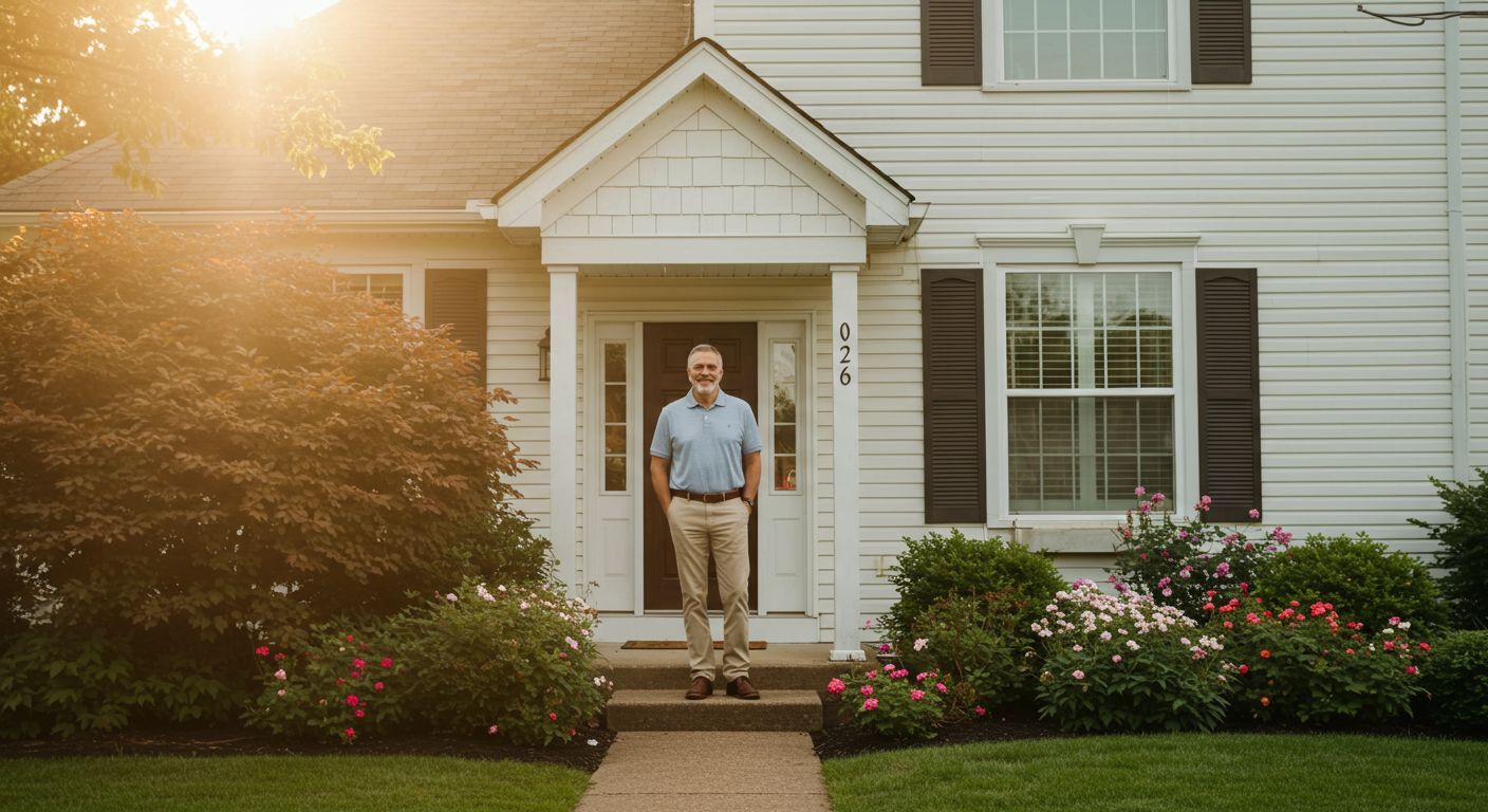 Man standing in front of white house with porch and bushes; sunny.