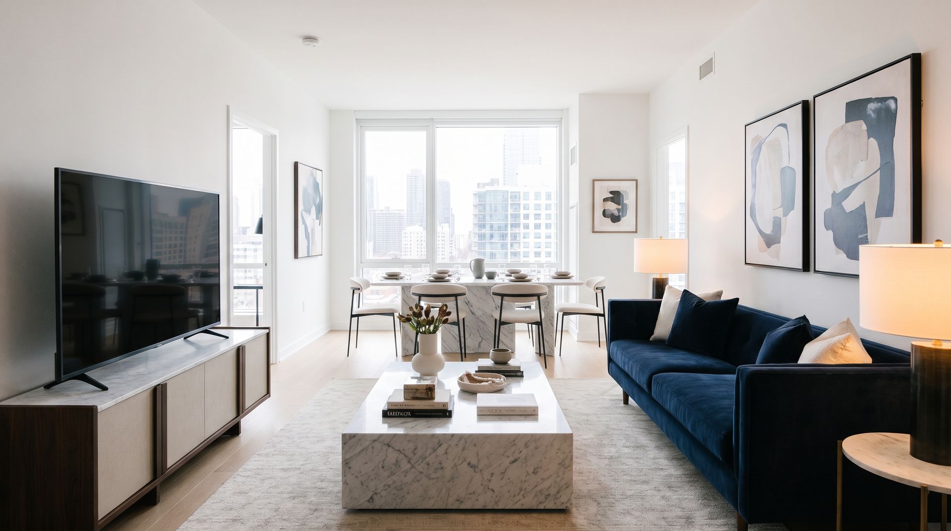 Professionally staged furnished apartment with sofa, dining area, artwork and lighting