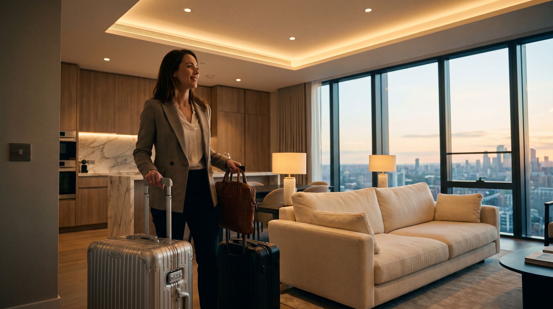 Relocating professional arriving at a furnished apartment with luggage and laptop