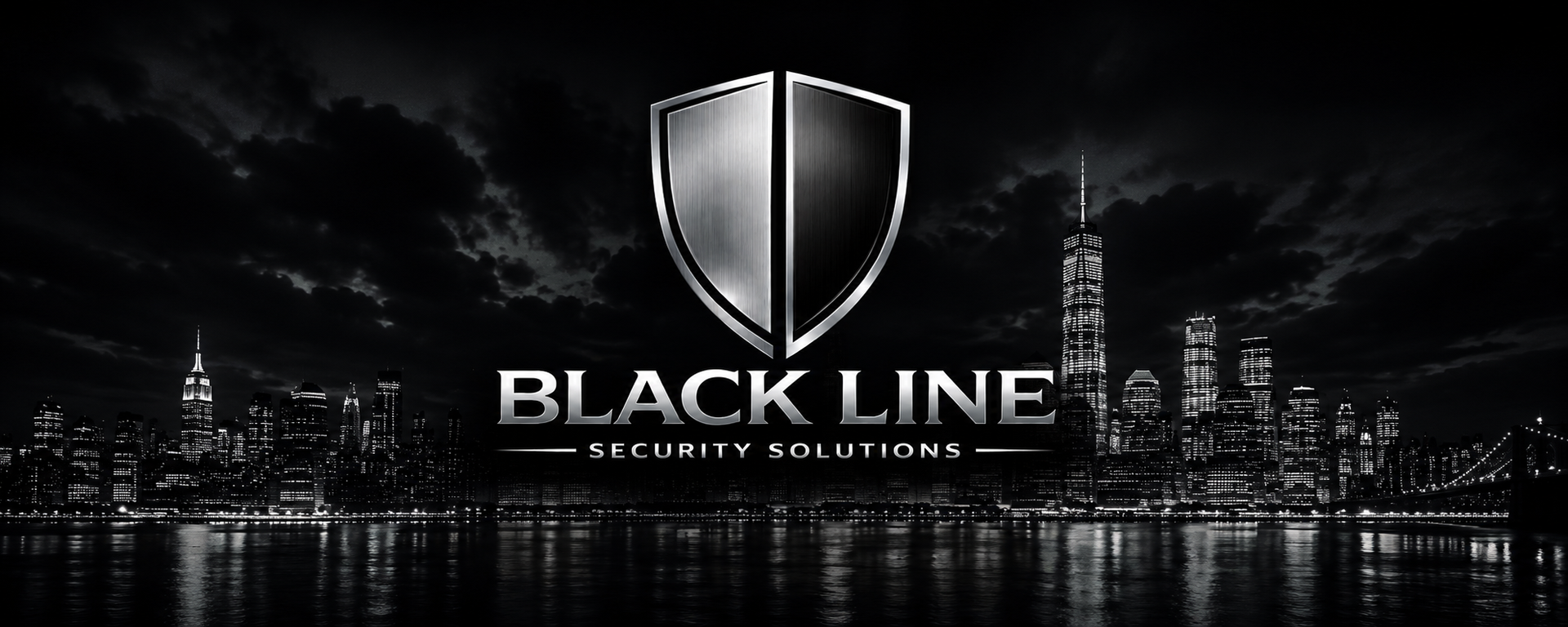 Black Line Security Solutions logo with shield icon over a dark city skyline background