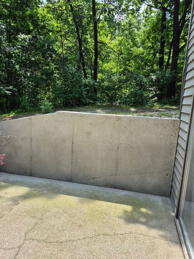 Concrete patio wall with trees and dense greenery in the background, beside a building exterior