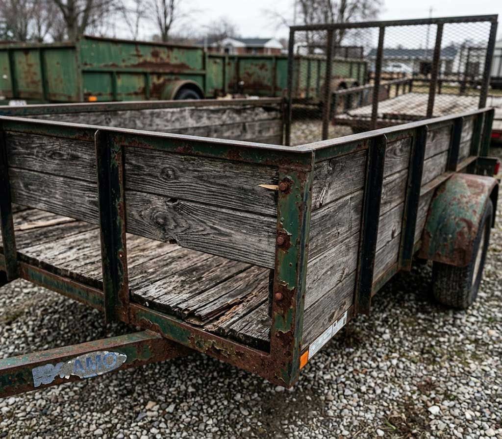 Rusty wooden utility trailer with metal sides parked on gravel near other old trailers.
