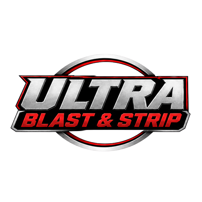 Ultra Blast & Strip logo in red, black, and silver with a metallic oval outline