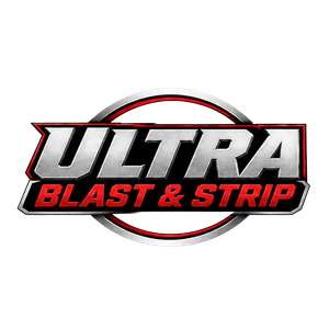 Ultra Blast & Strip logo in red, black, and silver with a metallic oval outline