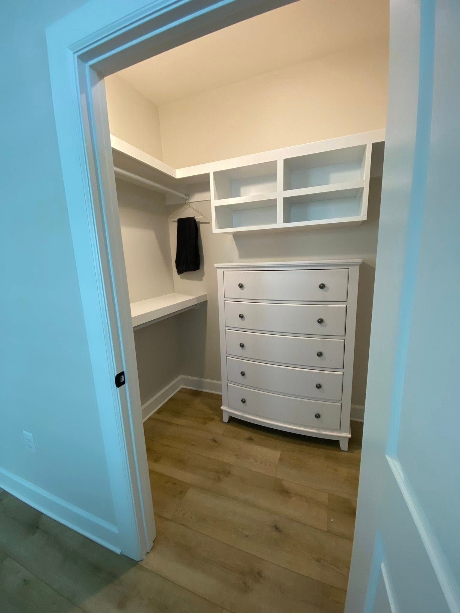 Open walk-in closet with white built-in shelves, hanging space, and a white drawer chest on wood flooring