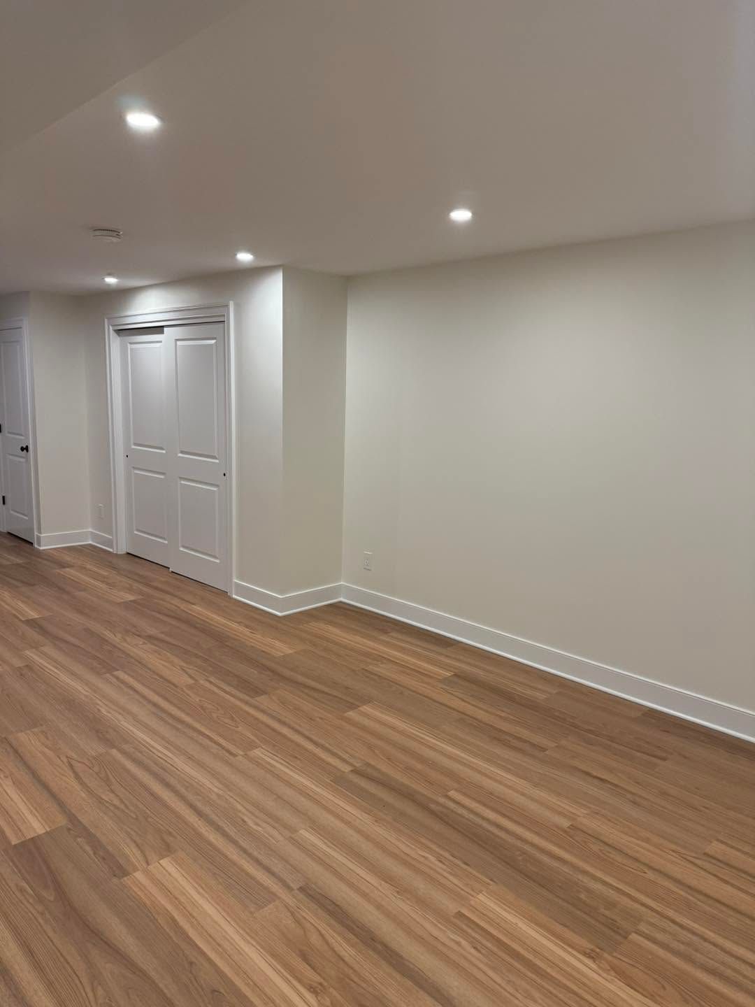 Empty modern room with wood flooring, white walls, recessed ceiling lights, and closed double doors